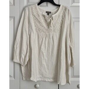 STYLE & CO WOMEN'S TOPS BOHO VELVET EMBROIDERED KNIT COTTON 3/4 SLEEVE SPLIT NEC